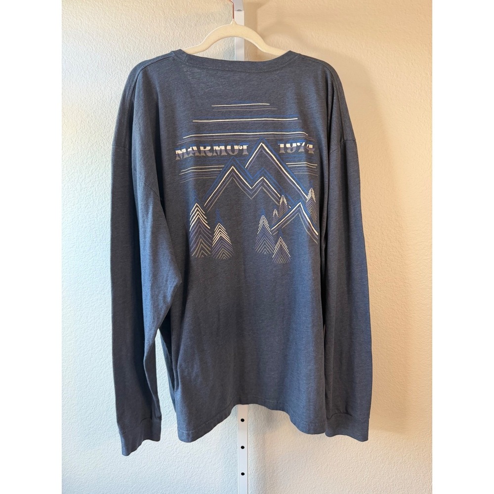 Marmot Mens XXL Long Sleeve Graphic T-Shirt Heather Blue Mountain Back Print - Picture 6 of 7